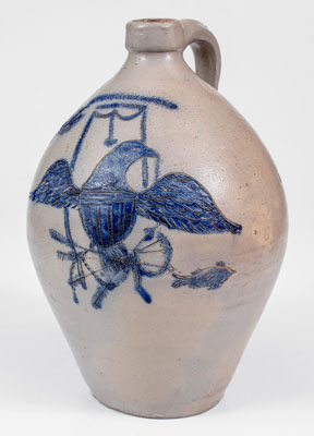 Highly Important BARNABAS EDMANDS & CO. / CHARLESTOWN Stoneware Jug w/ Elaborate Incised Federal Eagle and Fish Decoration