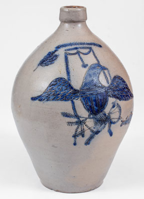 Highly Important BARNABAS EDMANDS & CO. / CHARLESTOWN Stoneware Jug w/ Elaborate Incised Federal Eagle and Fish Decoration