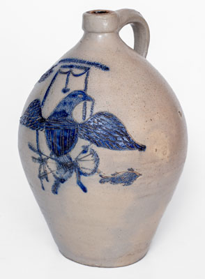 Highly Important BARNABAS EDMANDS & CO. / CHARLESTOWN Stoneware Jug w/ Elaborate Incised Federal Eagle and Fish Decoration
