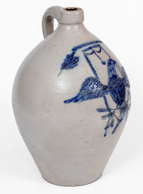 Highly Important BARNABAS EDMANDS & CO. / CHARLESTOWN Stoneware Jug w/ Elaborate Incised Federal Eagle and Fish Decoration