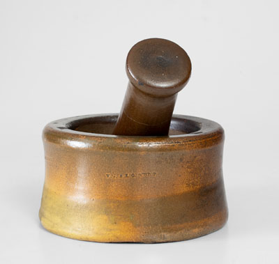 Extremely Rare W. J. & E. H. SCHROP (Middlebury, OH) Stoneware Mortar and Pestle Dated July 28th, 1870