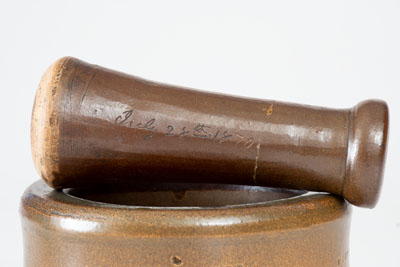 Extremely Rare W. J. & E. H. SCHROP (Middlebury, OH) Stoneware Mortar and Pestle Dated July 28th, 1870