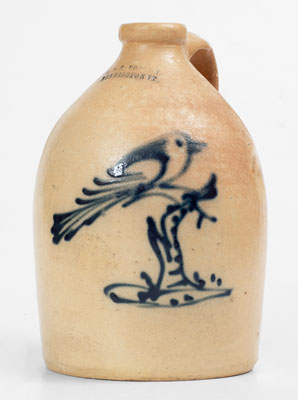 J. & E. NORTON / BENNINGTON, VT Stoneware Jug w/ Fine Bird-on-Stump Decoration