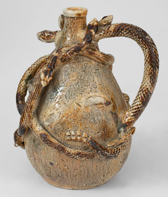 Extremely Rare Stoneware Snake Temperance Jug attrib. Texarkana Pottery (Jacob Bachley, Texarkana, AR)