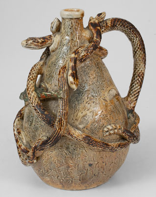 Extremely Rare Stoneware Snake Temperance Jug attrib. Texarkana Pottery (Jacob Bachley, Texarkana, AR)