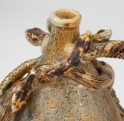 Extremely Rare Stoneware Snake Temperance Jug attrib. Texarkana Pottery (Jacob Bachley, Texarkana, AR)
