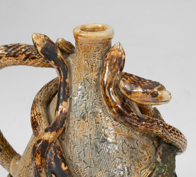 Extremely Rare Stoneware Snake Temperance Jug attrib. Texarkana Pottery (Jacob Bachley, Texarkana, AR)