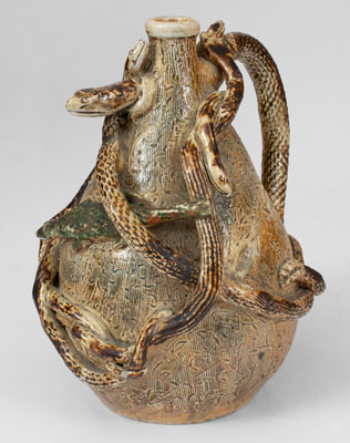 Extremely Rare Stoneware Snake Temperance Jug attrib. Texarkana Pottery (Jacob Bachley, Texarkana, AR)