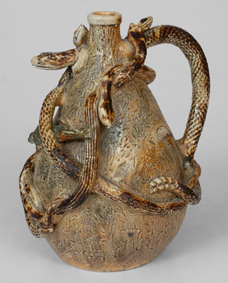 Extremely Rare Stoneware Snake Temperance Jug attrib. Texarkana Pottery (Jacob Bachley, Texarkana, AR)