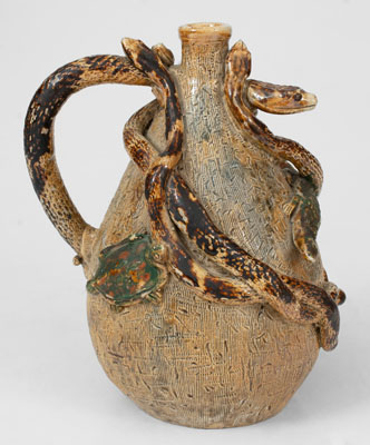 Extremely Rare Stoneware Snake Temperance Jug attrib. Texarkana Pottery (Jacob Bachley, Texarkana, AR)