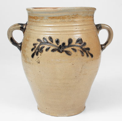 Unusual Manhattan Vertical-Handled Stoneware Jar w/ Incised Manganese Decoration, c1790