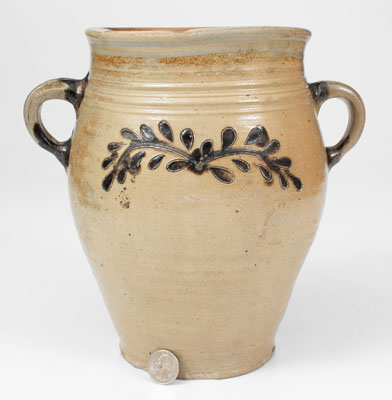 Unusual Manhattan Vertical-Handled Stoneware Jar w/ Incised Manganese Decoration, c1790