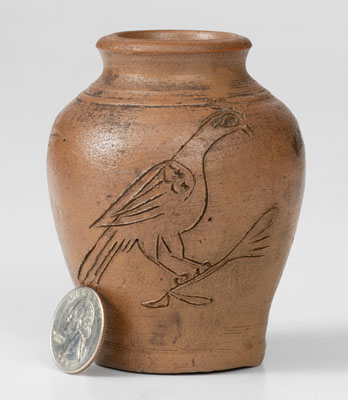 Very Rare Miniature Stoneware Presentation Jar w/ Incised Bird Decoration, 