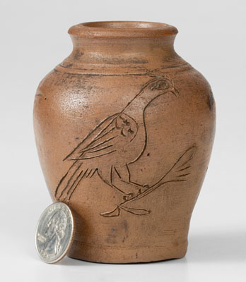 Very Rare Miniature Stoneware Presentation Jar w/ Incised Bird Decoration, "M.F. / 1806"