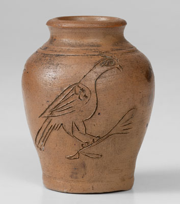 Very Rare Miniature Stoneware Presentation Jar w/ Incised Bird Decoration, 