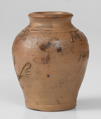 Very Rare Miniature Stoneware Presentation Jar w/ Incised Bird Decoration, "M.F. / 1806"