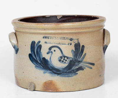 Rare COWDEN & WILCOX / HARRISBURG, PA Stoneware Cake Crock w/ Bird Decoration