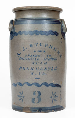 Very Rare ROCK CASTLE, W. VA Stenciled Advertising Stoneware Churn, c1875