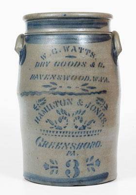 Very Rare 3 Gal. Stoneware Churn w/ RAVENSWOOD, W. VA Advertising, HAMILTON & JONES / GREENSBORO, PA