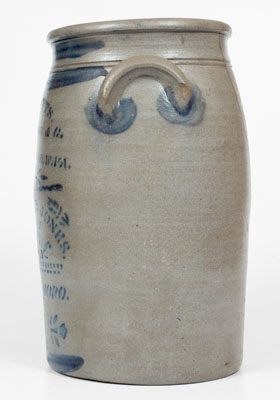 Very Rare 3 Gal. Stoneware Churn w/ RAVENSWOOD, W. VA Advertising, HAMILTON & JONES / GREENSBORO, PA