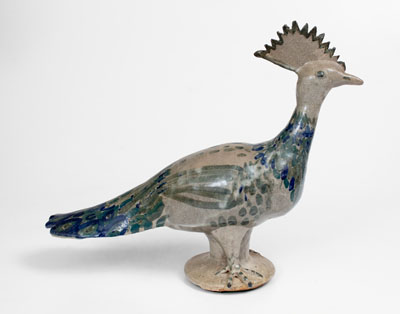 Extraordinary Large Arie Meaders Peacock Figure w/ Three-Color Slip Decoration, 1956-69