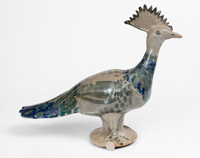 Extraordinary Large Arie Meaders Peacock Figure w/ Three-Color Slip Decoration, 1956-69