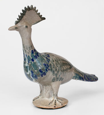 Extraordinary Large Arie Meaders Peacock Figure w/ Three-Color Slip Decoration, 1956-69