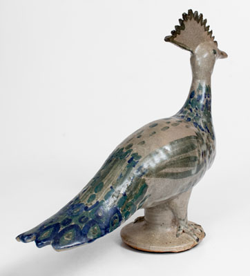 Extraordinary Large Arie Meaders Peacock Figure w/ Three-Color Slip Decoration, 1956-69