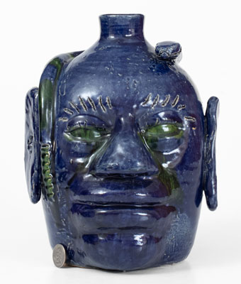 Extremely Rare Blue-Glazed Edwin Meaders Face Jug w/ Snake, Cleveland, GA, 1995