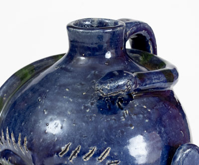 Extremely Rare Blue-Glazed Edwin Meaders Face Jug w/ Snake, Cleveland, GA, 1995