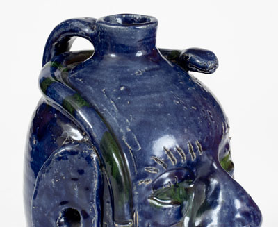 Extremely Rare Blue-Glazed Edwin Meaders Face Jug w/ Snake, Cleveland, GA, 1995