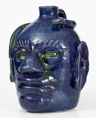 Extremely Rare Blue-Glazed Edwin Meaders Face Jug w/ Snake, Cleveland, GA, 1995