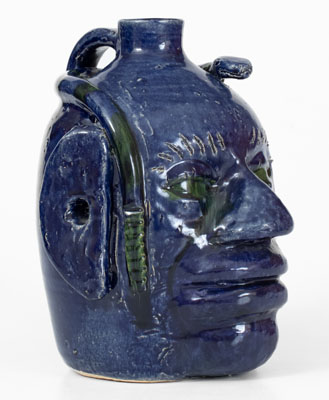 Extremely Rare Blue-Glazed Edwin Meaders Face Jug w/ Snake, Cleveland, GA, 1995
