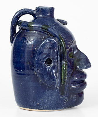 Extremely Rare Blue-Glazed Edwin Meaders Face Jug w/ Snake, Cleveland, GA, 1995