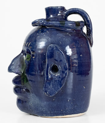 Extremely Rare Blue-Glazed Edwin Meaders Face Jug w/ Snake, Cleveland, GA, 1995