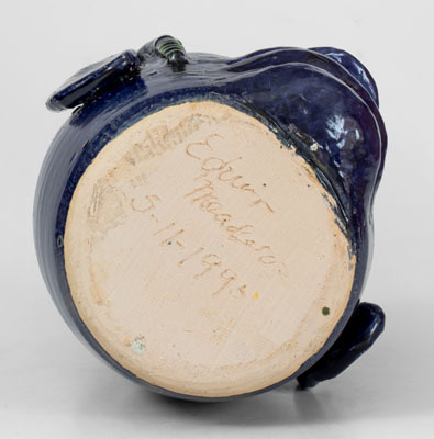 Extremely Rare Blue-Glazed Edwin Meaders Face Jug w/ Snake, Cleveland, GA, 1995