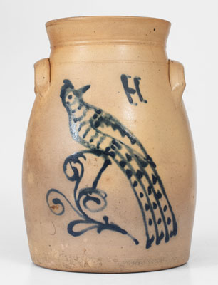 Rare Stoneware Churn w/ Elaborate Cobalt Bird Design attrib. A.O Whittemore, Havana, New York