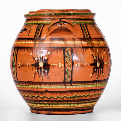 Rare and Important Alamance County, North Carolina Redware Sugar Jar, c1790-1820