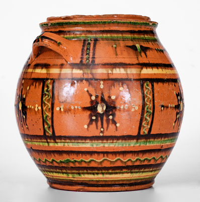 Rare and Important Alamance County, North Carolina Redware Sugar Jar, c1790-1820