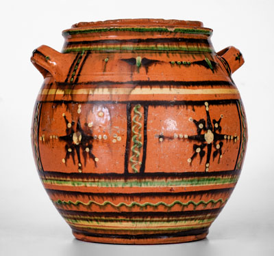 Rare and Important Alamance County, North Carolina Redware Sugar Jar, c1790-1820