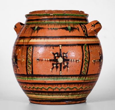 Rare and Important Alamance County, North Carolina Redware Sugar Jar, c1790-1820