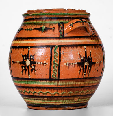 Rare and Important Alamance County, North Carolina Redware Sugar Jar, c1790-1820