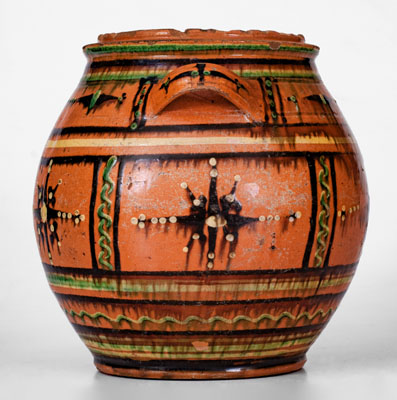 Rare and Important Alamance County, North Carolina Redware Sugar Jar, c1790-1820