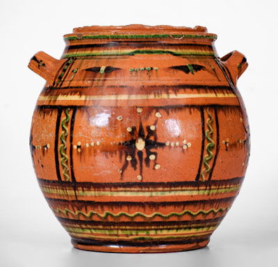 Rare and Important Alamance County, North Carolina Redware Sugar Jar, c1790-1820