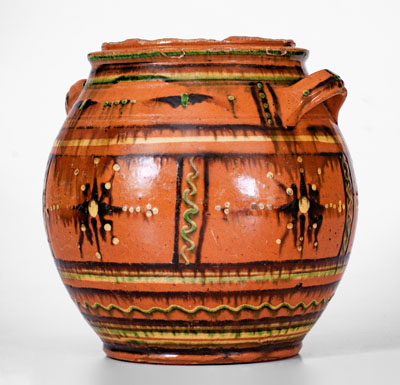 Rare and Important Alamance County, North Carolina Redware Sugar Jar, c1790-1820