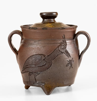 Exceptional Chester Webster, Randolph County, NC, Stoneware Sugar Bowl w/ Incised Bird and Insect Decoration