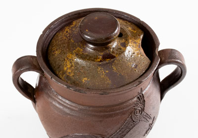 Exceptional Chester Webster, Randolph County, NC, Stoneware Sugar Bowl w/ Incised Bird and Insect Decoration
