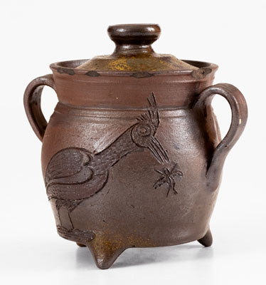 Exceptional Chester Webster, Randolph County, NC, Stoneware Sugar Bowl w/ Incised Bird and Insect Decoration