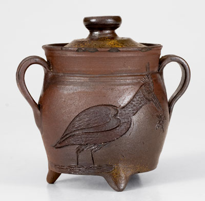 Exceptional Chester Webster, Randolph County, NC, Stoneware Sugar Bowl w/ Incised Bird and Insect Decoration