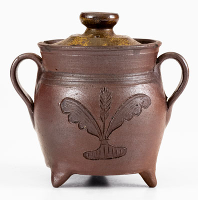 Exceptional Chester Webster, Randolph County, NC, Stoneware Sugar Bowl w/ Incised Bird and Insect Decoration